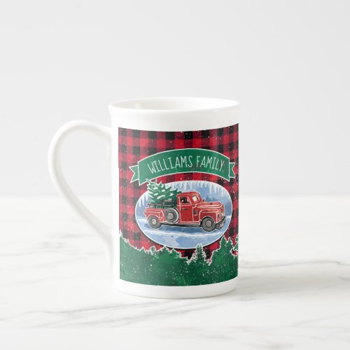 Christmas Vintage Truck Red Buffalo Check Monogram Bone China Mug