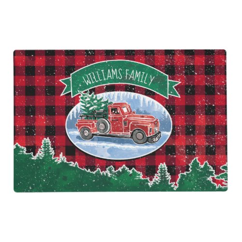 Christmas Vintage Truck Red Buffalo Plaid Add Name Placemat