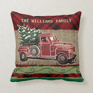 Christmas Vintage Truck Red Plaid Faux Burlap Throw Pillow