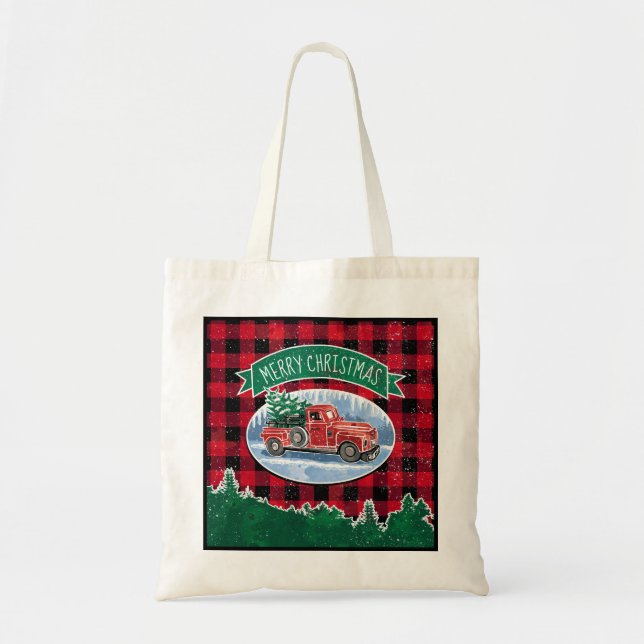 Christmas Vintage Truck with Tree Monogrammed Tote Bag (Front)