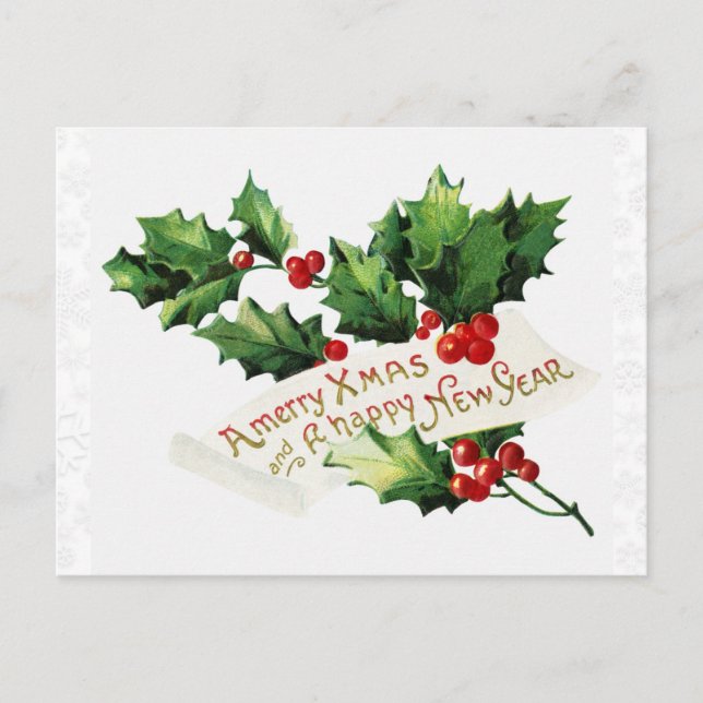 Christmas Vintage Winter Holly Snowflake Postcard (Front)