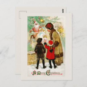 Christmas Vintage Woman & children window shopping Postcard