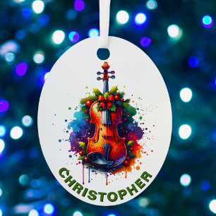 Christmas Violin Fiddle Custom Name Metal Ornament