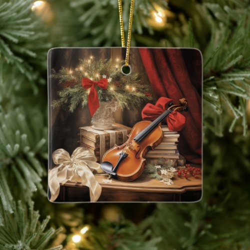 Christmas Violin Music Ceramic Ornament