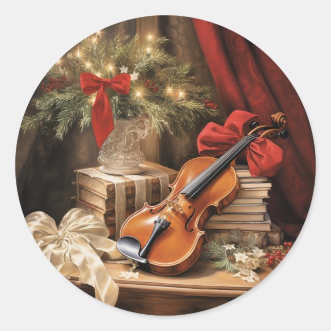Christmas Violin Music Classic Round Sticker (Front)