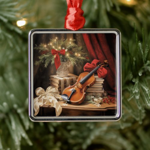 Christmas Violin Music Metal Ornament