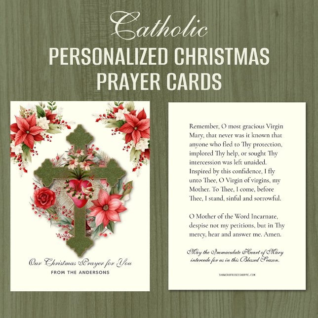 Christmas Virgin Mary Memorare Prayer Poinsettia (Personalized Catholic Christmas Memorare Prayer Holy Card)