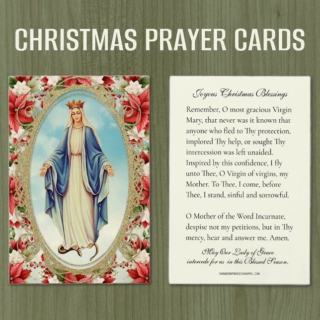 Christmas Virgin Mary Memorare Prayer Poinsettia (Christmas Memorare Prayer Cards - Our Lady of Grace )