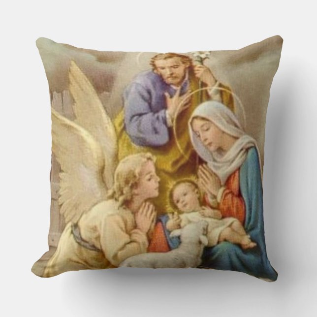 Christmas Virgin Mary, St. Joseph, Jesus, & angel Throw Pillow (Front)