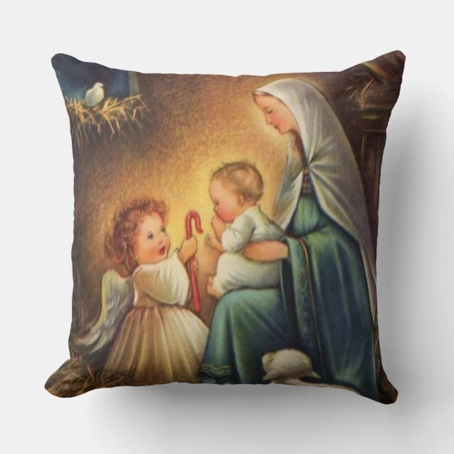 Christmas Virgin Mary with Christ Child & Angel Throw Pillow (Front)