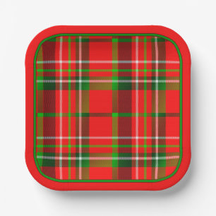 Christmas Vivid Red Green Geometric Tartan Pattern Paper Plates