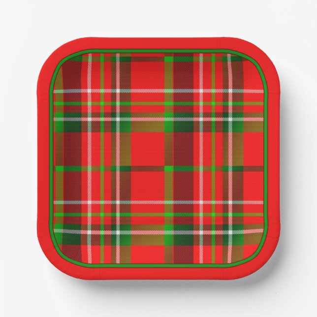 Christmas Vivid Red Green Geometric Tartan Pattern Paper Plates (Front)