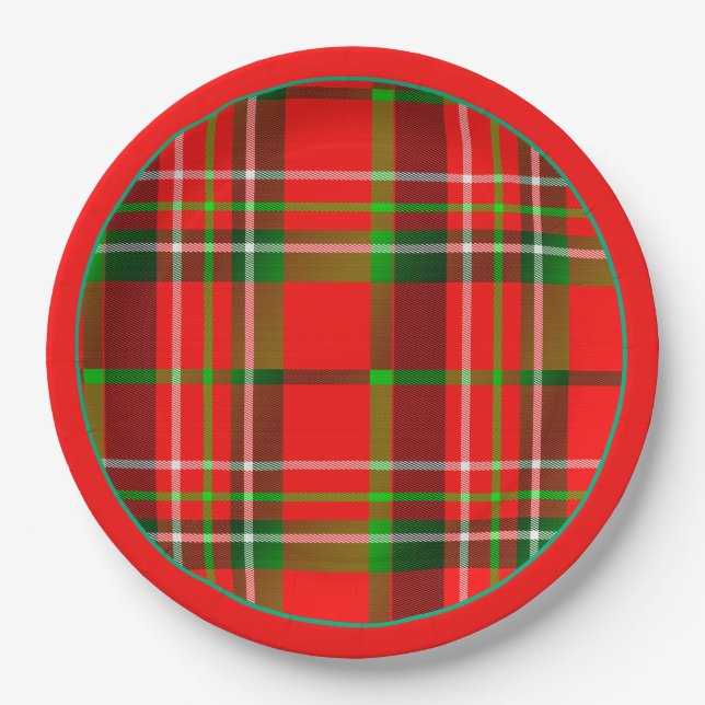 Christmas Vivid Red Green Geometric Tartan Pattern Paper Plates (Front)