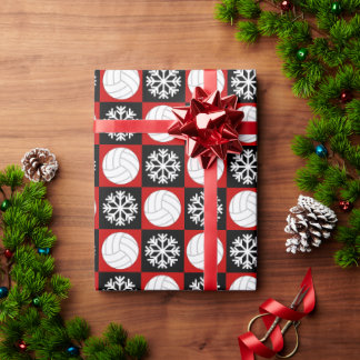 Christmas Volleyball and Snowflake Red and Black Wrapping Paper
