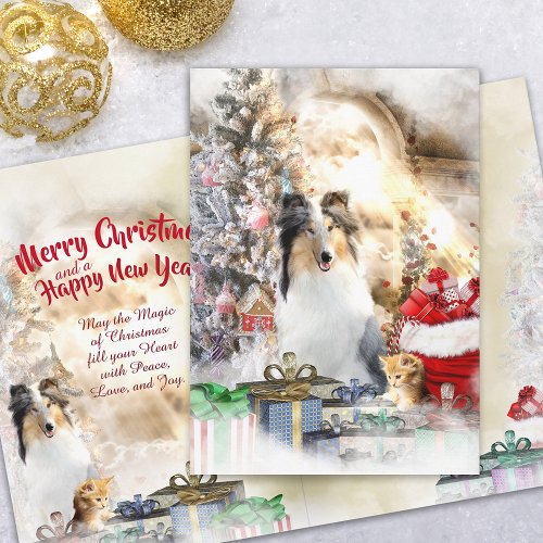 Christmas w Collie  Kitten _ all_over decorated Holiday Card