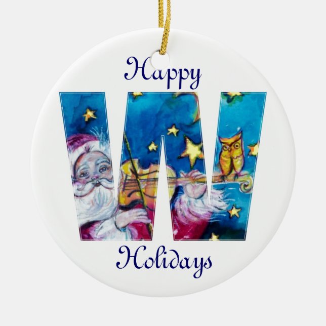 CHRISTMAS W LETTER / INSPIRED SANTA MONOGRAM CERAMIC ORNAMENT (Front)