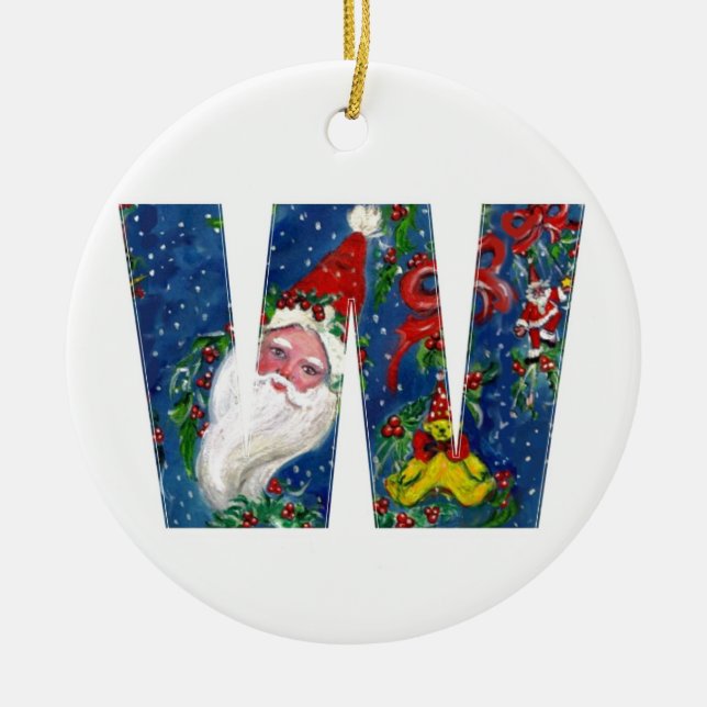 CHRISTMAS W LETTER / SANTA CLAUS WITH RED RIBBON CERAMIC ORNAMENT (Front)
