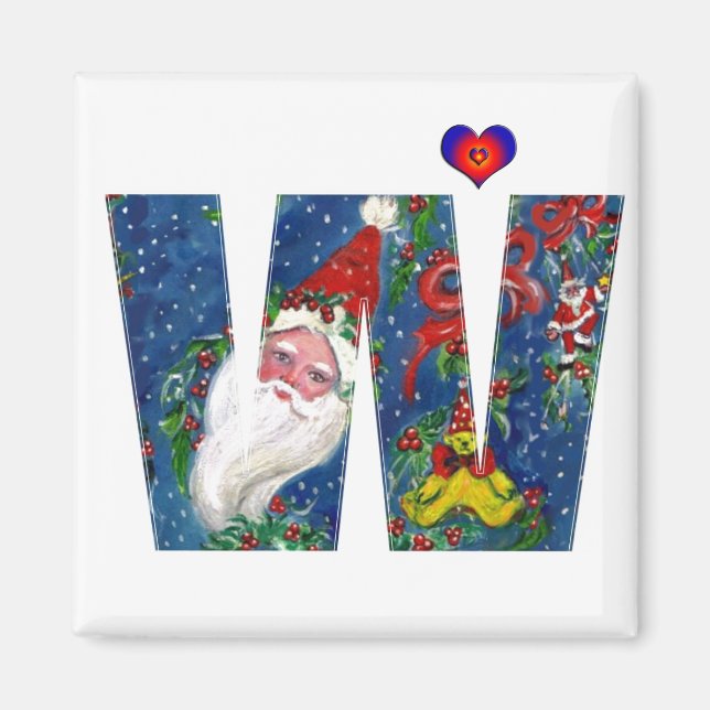 CHRISTMAS W  LETTER / SANTA  RED RIBBON MONOGRAM MAGNET (Front)