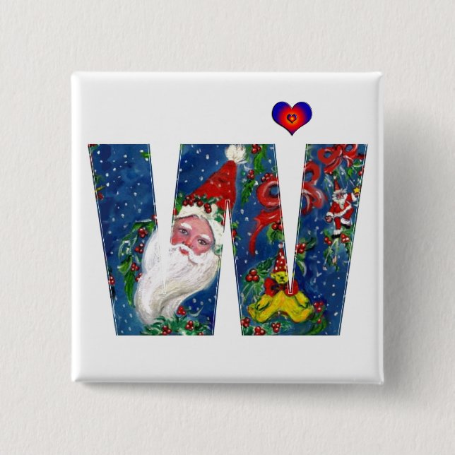 CHRISTMAS W LETTER / SANTA RED RIBBON MONOGRAM PINBACK BUTTON (Front)
