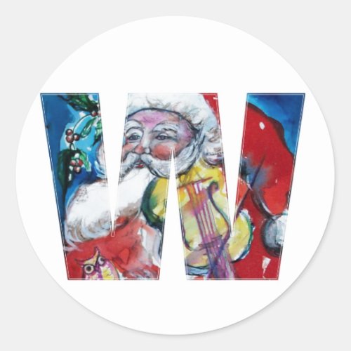 CHRISTMAS W LETTER   SANTA WITH VIOLIN MONOGRAM CLASSIC ROUND STICKER