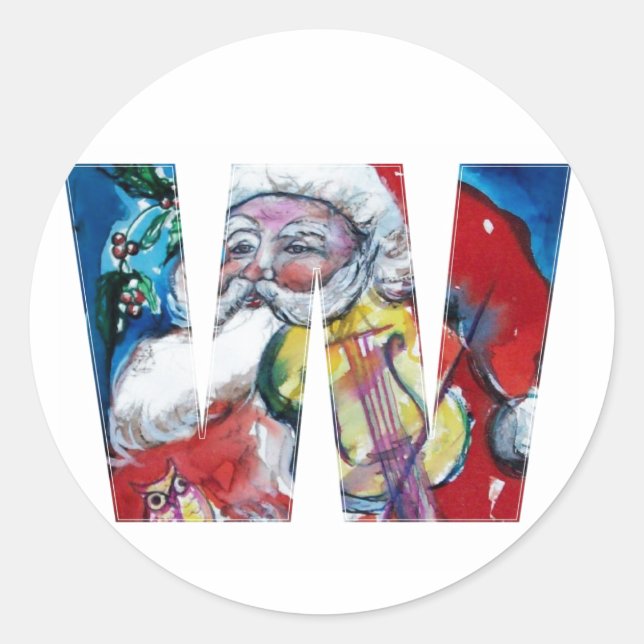 CHRISTMAS W LETTER  / SANTA WITH VIOLIN MONOGRAM CLASSIC ROUND STICKER (Front)