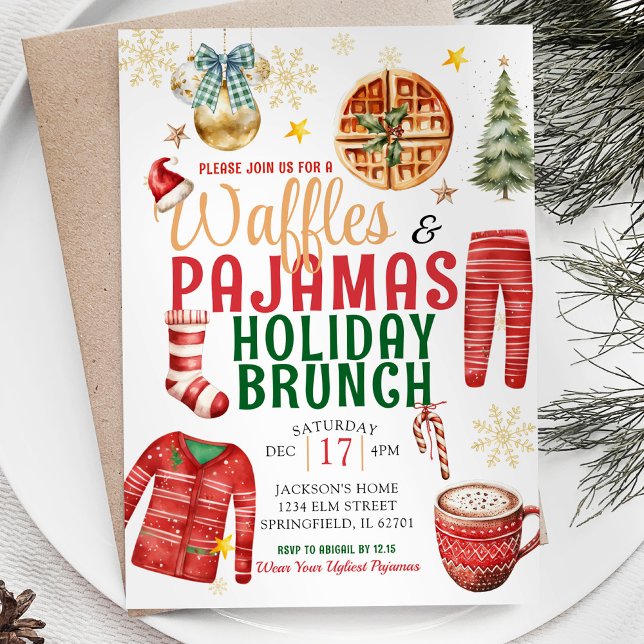 Christmas Waffle and Pajamas Holiday Brunch Invitation (Creator Uploaded)