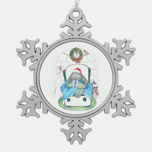 Christmas Walrus and Igloo Slumber Santa Designed Snowflake Pewter Christmas Ornament