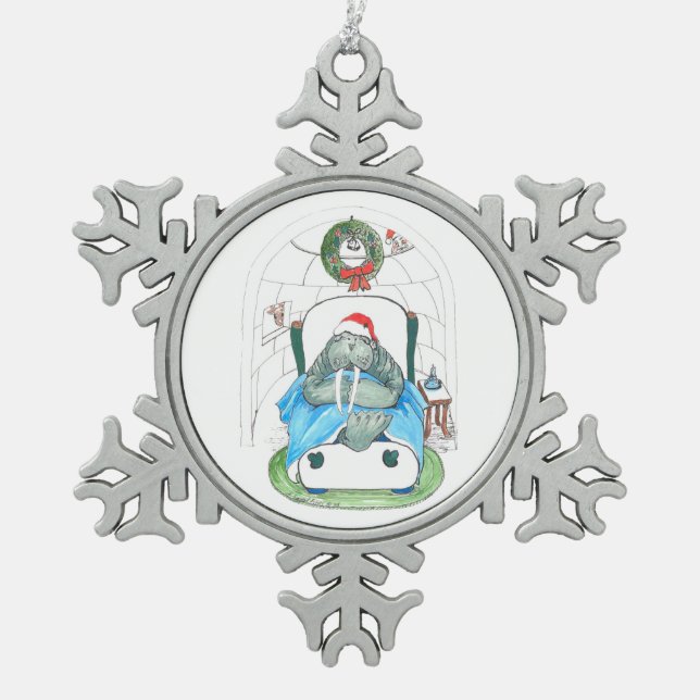 Christmas Walrus and Igloo Slumber Santa Designed Snowflake Pewter Christmas Ornament (Front)