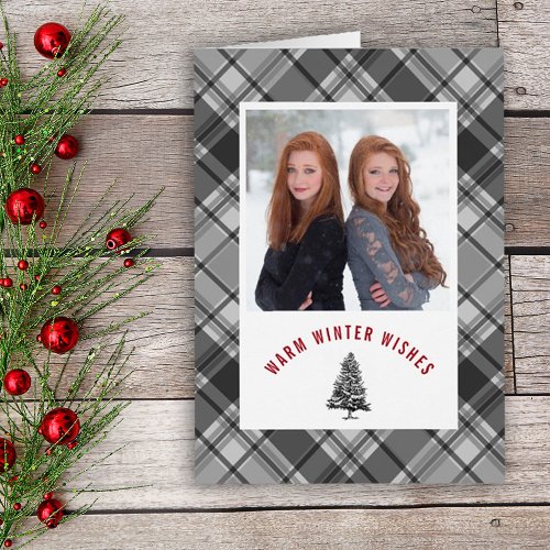 Christmas Warm Wishes Spruce Tree Plaid Photo  Holiday Card