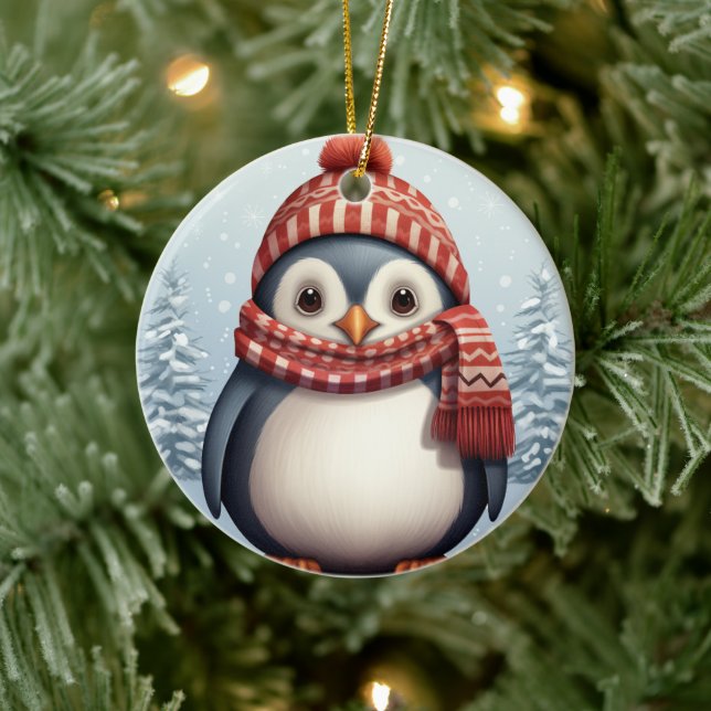 Christmas watercolor add message penguin ceramic ornament (Tree)