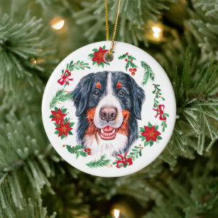 Christmas Watercolor Bernese Mountain dog Ceramic Ornament