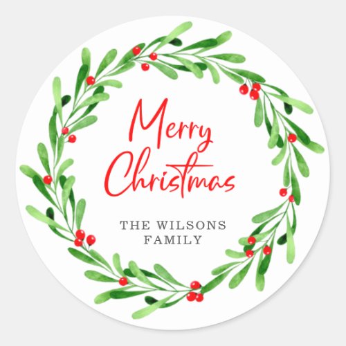 Christmas Watercolor Berries and Greenery Wreath Classic Round Sticker