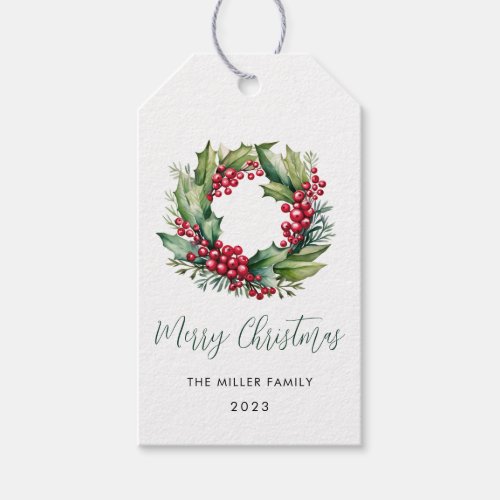 Christmas Watercolor Berries and Greenery Wreath Gift Tags