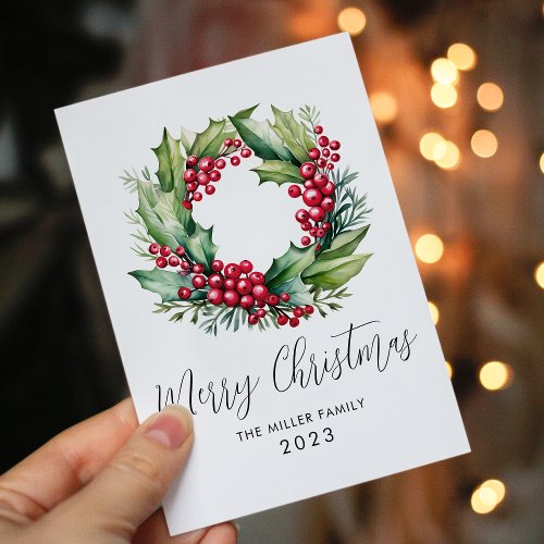 Christmas Watercolor Berries and Greenery Wreath Holiday Card