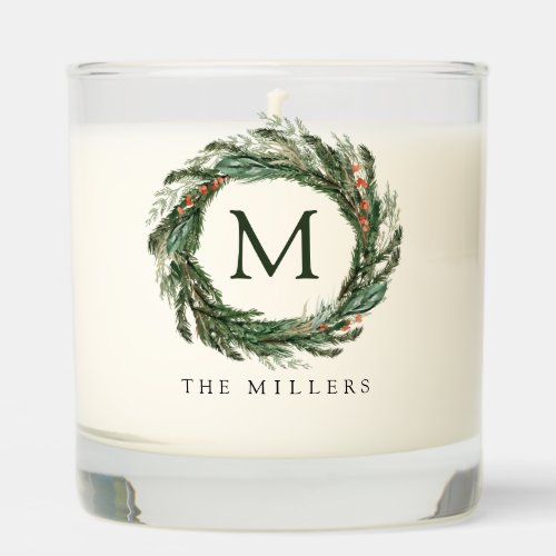 Christmas Watercolor berries Wreath Monogram  Scented Candle
