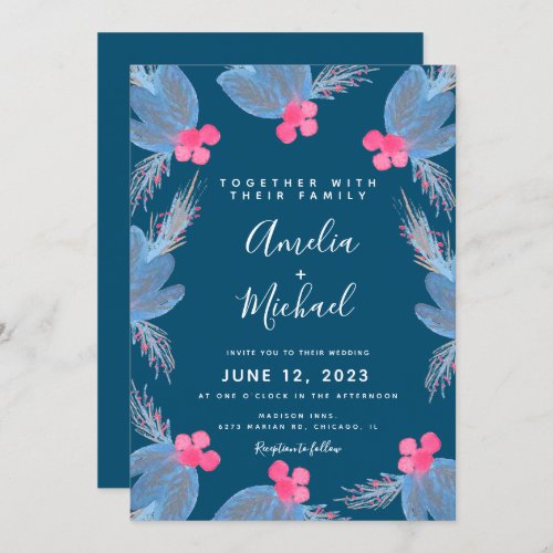 Christmas Watercolor Berry Blue Botanical Wedding Invitation