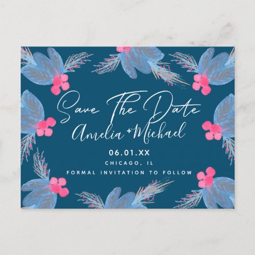 Christmas Watercolor Berry Blue Save the Date Postcard