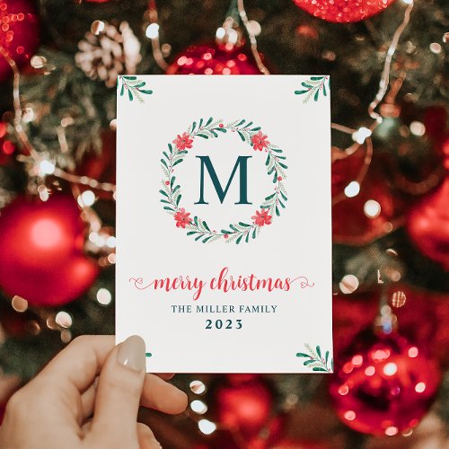 Christmas Watercolor Berry Floral Wreath Monogram Holiday Card