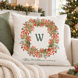 Christmas Watercolor Berry Wreath Family Monogram Throw Pillow
