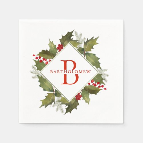 Christmas Watercolor Big Monogram Holly Wreath Red Napkins