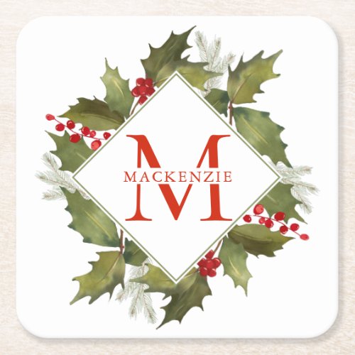 Christmas Watercolor Big Monogram Holly Wreath Square Paper Coaster