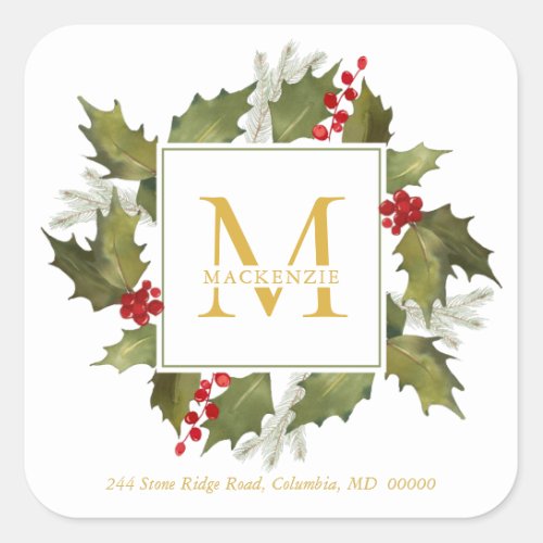 Christmas Watercolor Big Monogram Holly Wreath Square Sticker