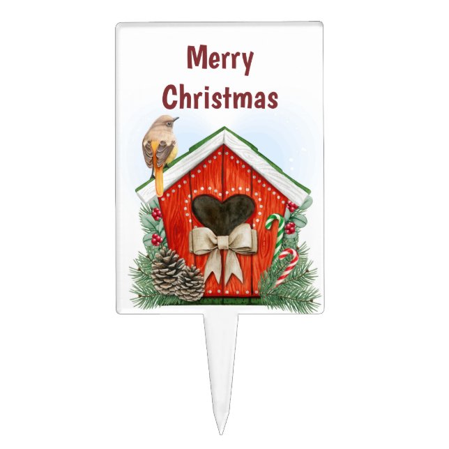Christmas Watercolor Bird & Bird House Cake Topper (Front)