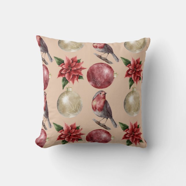 Christmas Watercolor Birds Baubles Pattern Throw Pillow (Front)