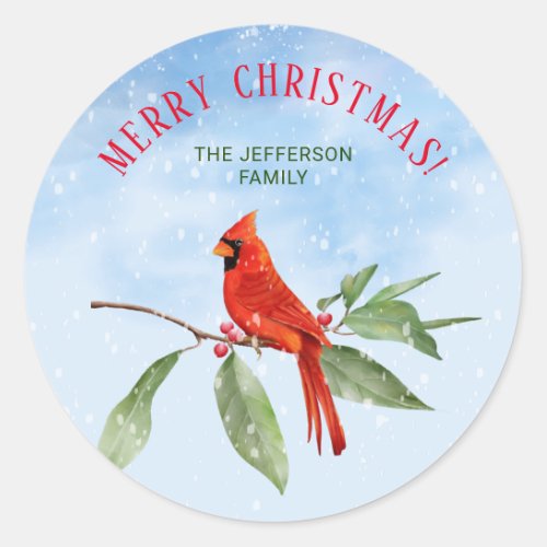 Christmas Watercolor Blue Green Red Cardinal Bird Classic Round Sticker