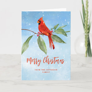 Christmas Watercolor Blue Red Cardinal Bird Photo Holiday Card