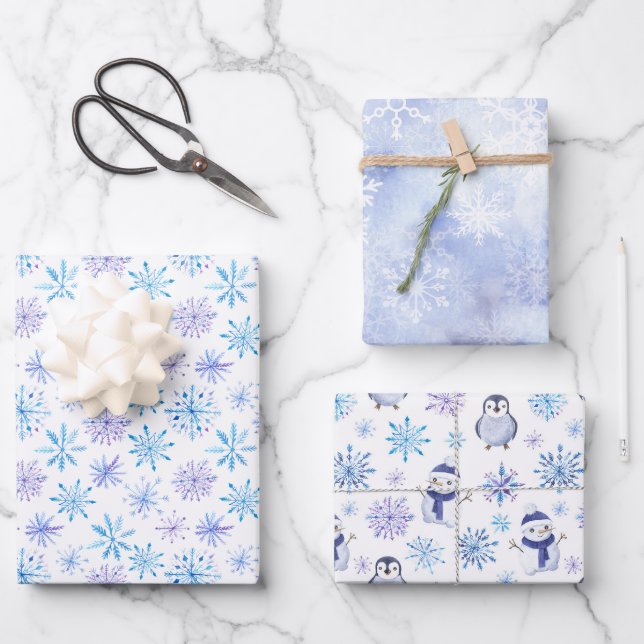 Christmas Watercolor Blue Snowflake  Wrapping Paper Sheets (Front)