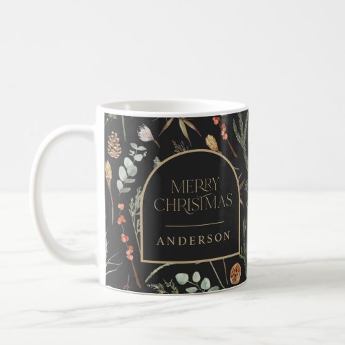 Christmas watercolor botanical floral black modern coffee mug