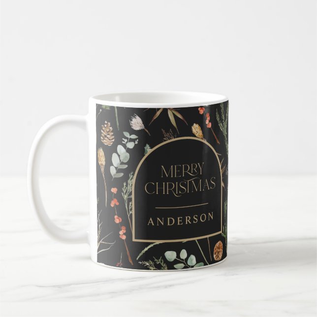 Christmas watercolor botanical floral black modern coffee mug (Left)