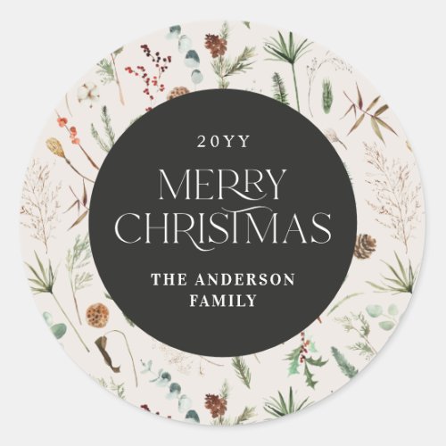 Christmas watercolor botanical floral black white classic round sticker
